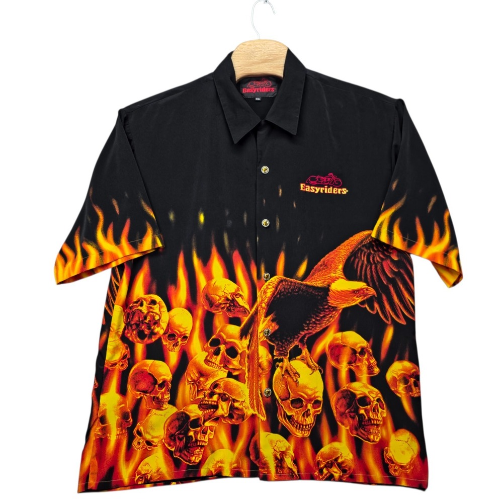 Vintage Easyriders Shirt XXL‎ Eagle Skulls Flames Fire AOP Biker Motorcycle Mens